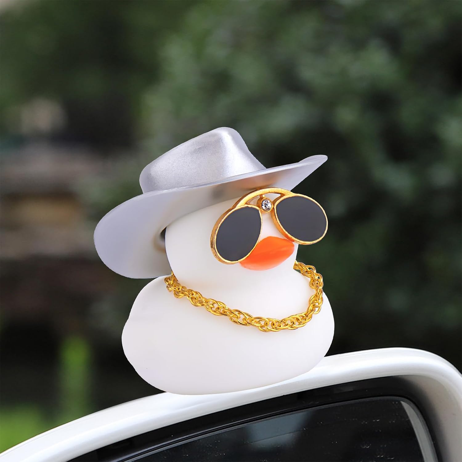 wonuu Car Rubber Duck, Dashboard Decorations Colorful Sparkly Cowboy Hat Ducks for Car Ornament Accessories with Hat, Diamond Glasses, Necklace, Pure White image 3