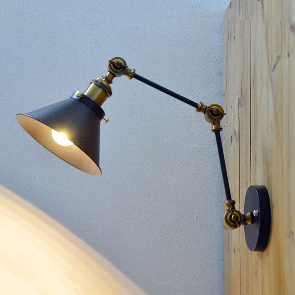 Schwarz Wandlampe mit Schalter, Verstellbar Metall Lange Arm Wandleuchte mit Kabel und Stecker Nachttischlampe Vintage Industriallampe Wand-Leselampe E27 Innen Retro Lampe für Schlafzimmer Wohnzimmer