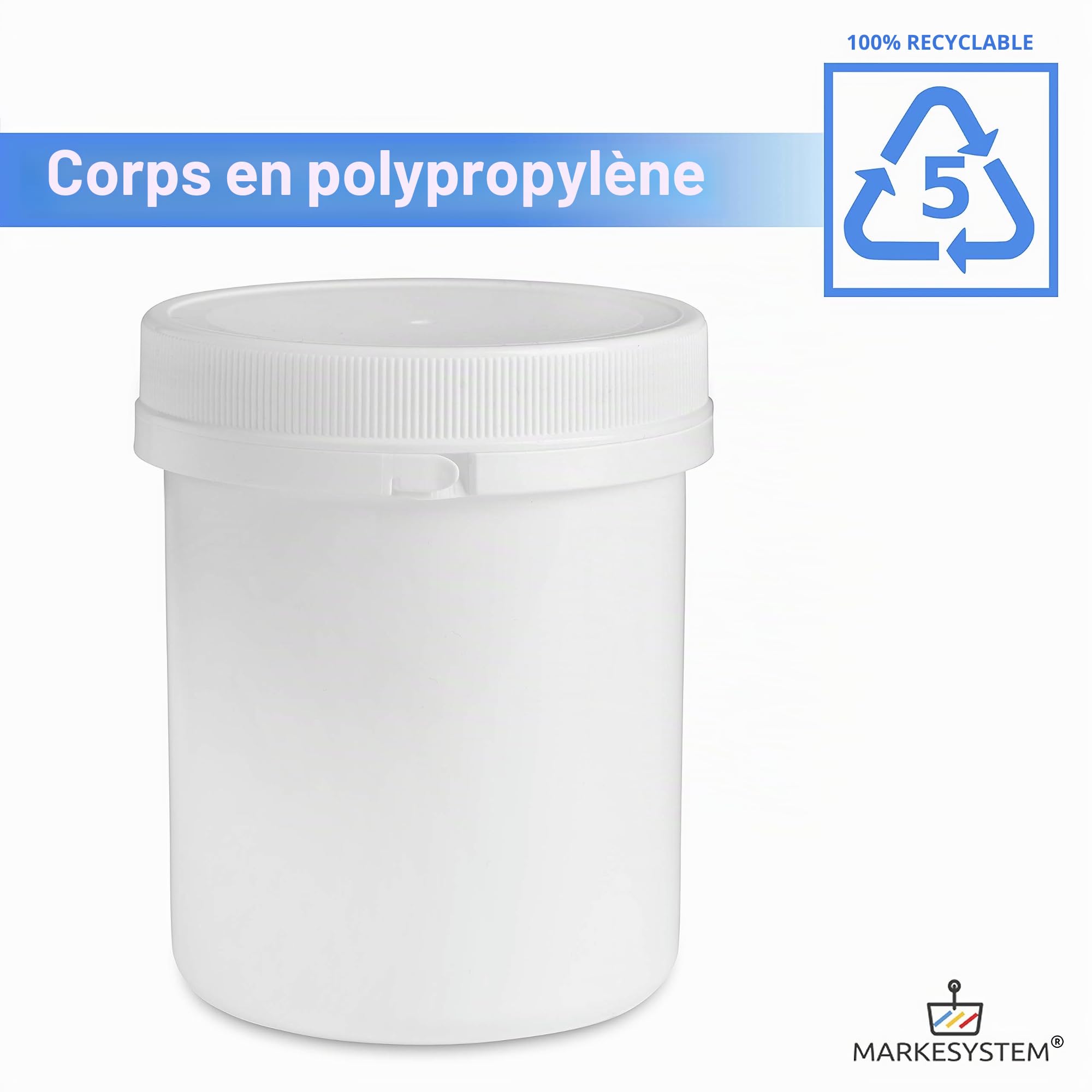 Bocal blanc 500 ml avec disque et scellé de sécurité - (PACK 5 TARROS) - Couvercle à visser - Récipient usage alimentaire, cosmétique et industriel + Kit étiqueté