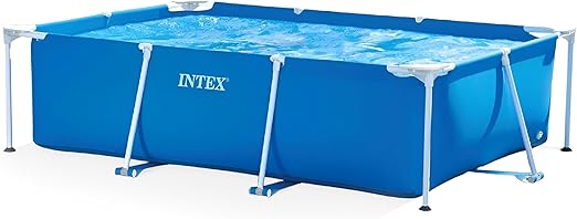 Intex 9.8' x 79" x 29.5" Rectangular Frame Above Ground Outdoor Backyard Swimming Pool with Flow Control Valve for Quick Draining, Blue