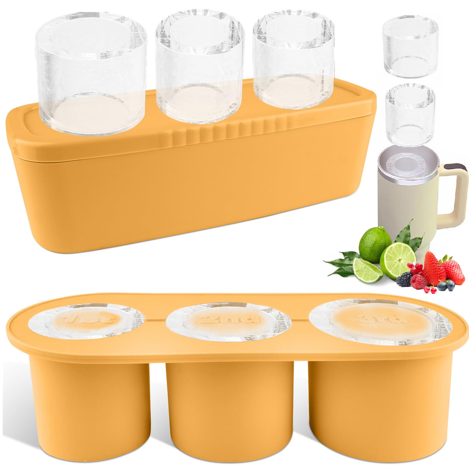 Fu Store Ice Cube Tray for Tumbler Cup 30-40 oz 3pcs Silicone Ice Cube Molds With Lid and Bin for Chilling Cocktails Whiskey Drinks Juice Coffee Easy Fill and Release Ice Maker (Yellow, 40 oz)