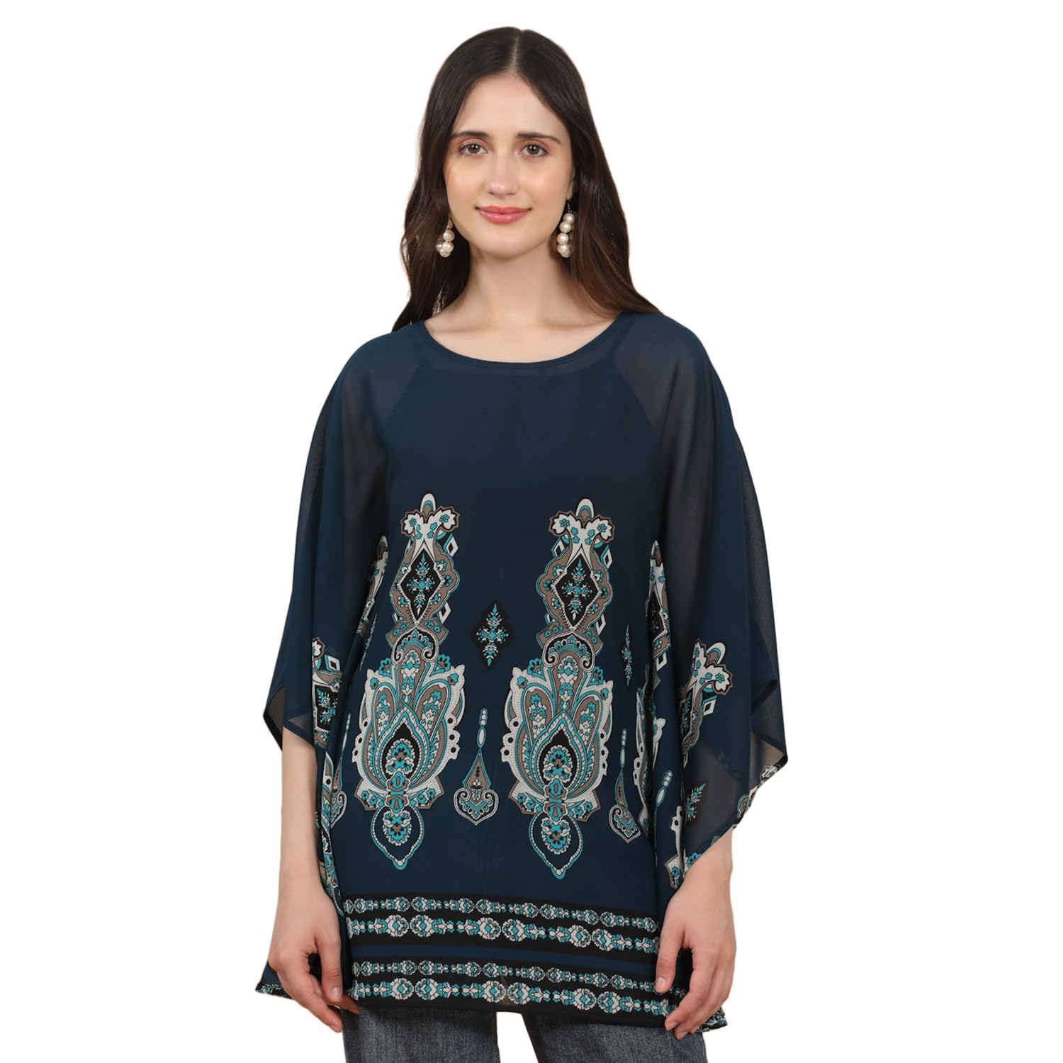Women's Teal Georgette Printed Kaftan Top | Batwing Sleeve Loose Fit Poncho Style Tunic | Casual, Beach, Resort Top for Women-image-31