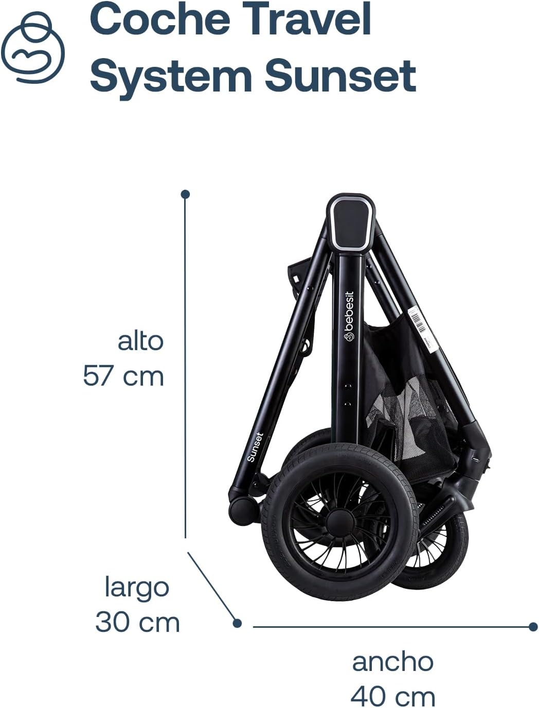 Bebesit Coche Travel System Sunset folded dimensions: 57 cm high, 30 cm long, 40 cm wide.