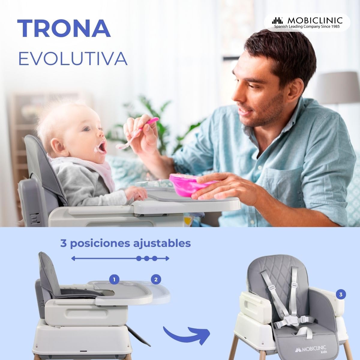 Mobiclinic® kids, Trona bebé evolutiva, 3 en 1, Kiara, Elevador + silla de juegos alta, Plegable, Arnés con 5 puntos, Bandeja ajustable, 6-36 meses, Hasta 15 kg, Textil impermeable