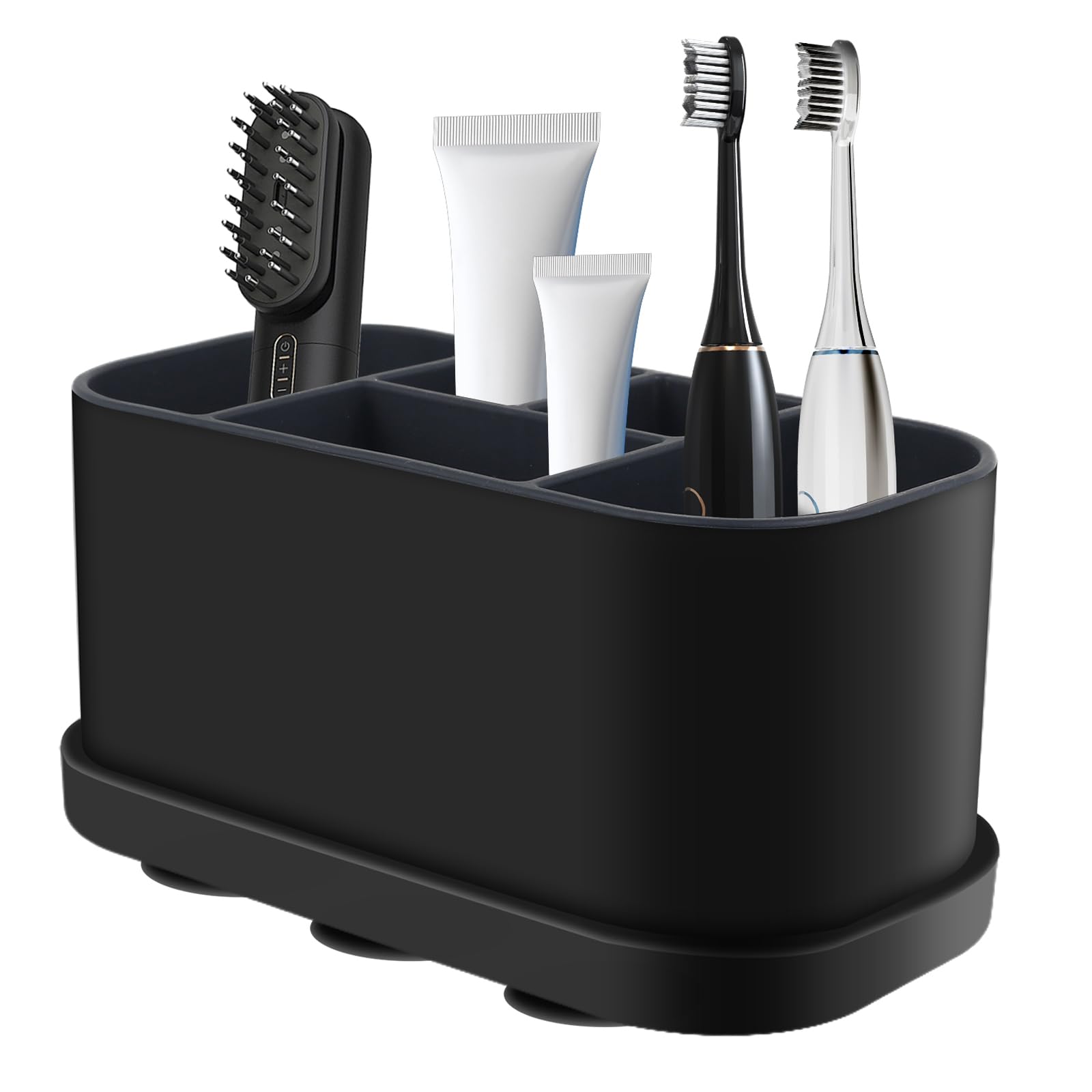 5 Slots Toothbrush Holder, Bathroom Wall Mounted Toothbrush with Drain Hole Silicone Toothbrushes and Toothpaste Holder Countertop Organizer and Storage for Electric Tooth Brush, Toothpaste(Black)