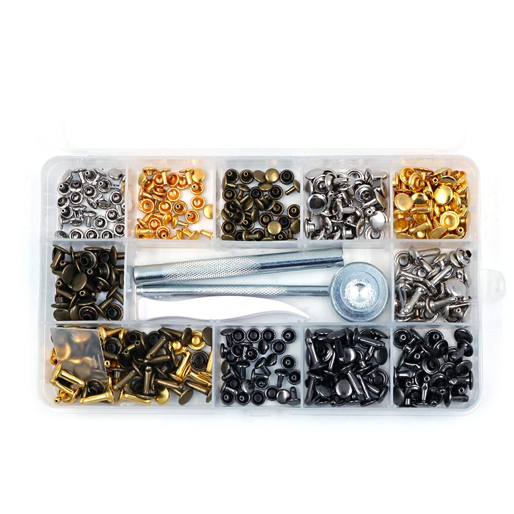 CENPEK 180 Set 3 Sizes Leather Rivets Single Cap Rivet Tubular Metal Studs with 3 Pieces Fixing Tool for DIY Leather Craft Rivets Replacement