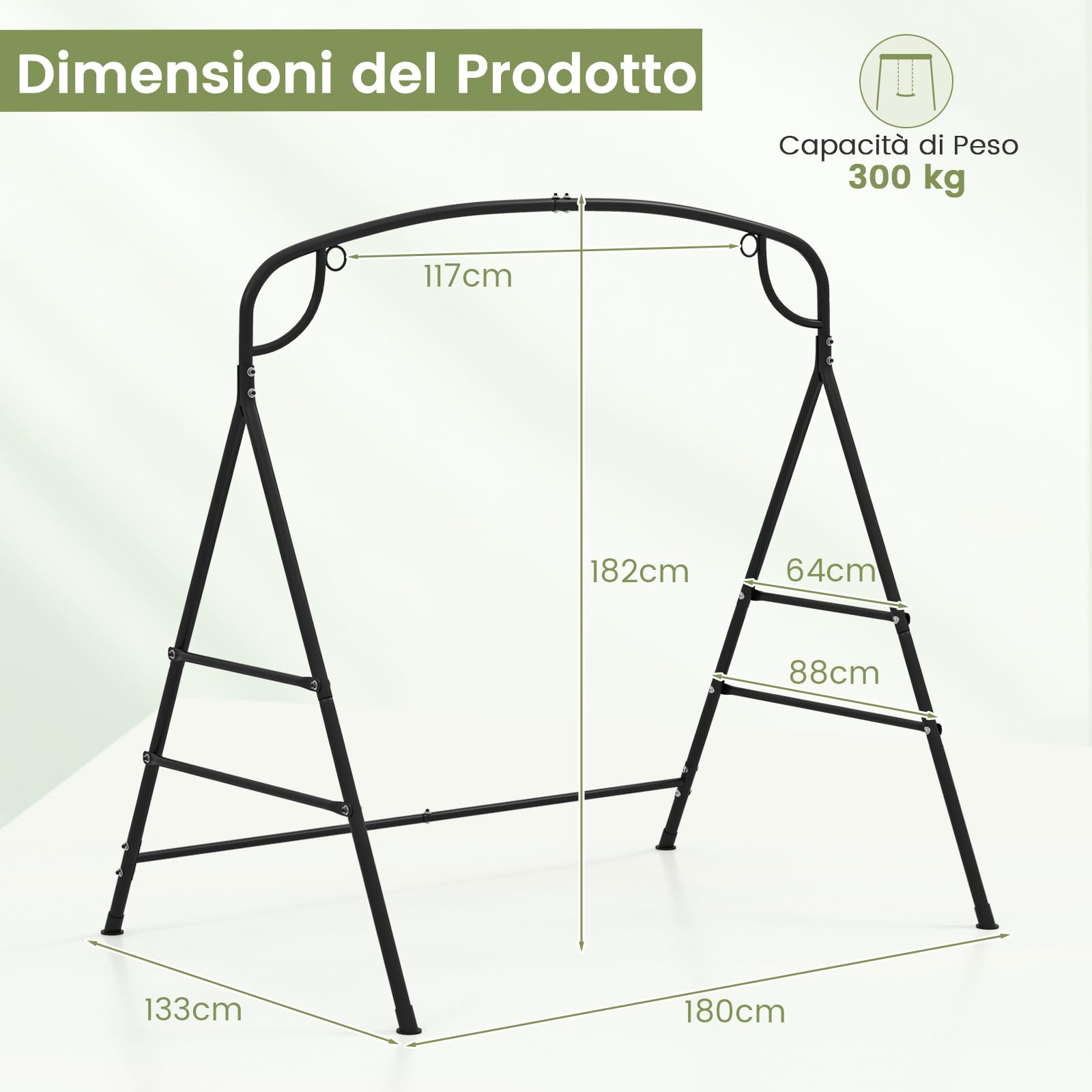 RELAX4LIFE Supporto Altalena/Panca Sospesa in Metallo con 2 Anelli di Sospensione, Portata di 300 kg, Forma a A per Interno ed Esterno,180 x 133 x 182 cm
