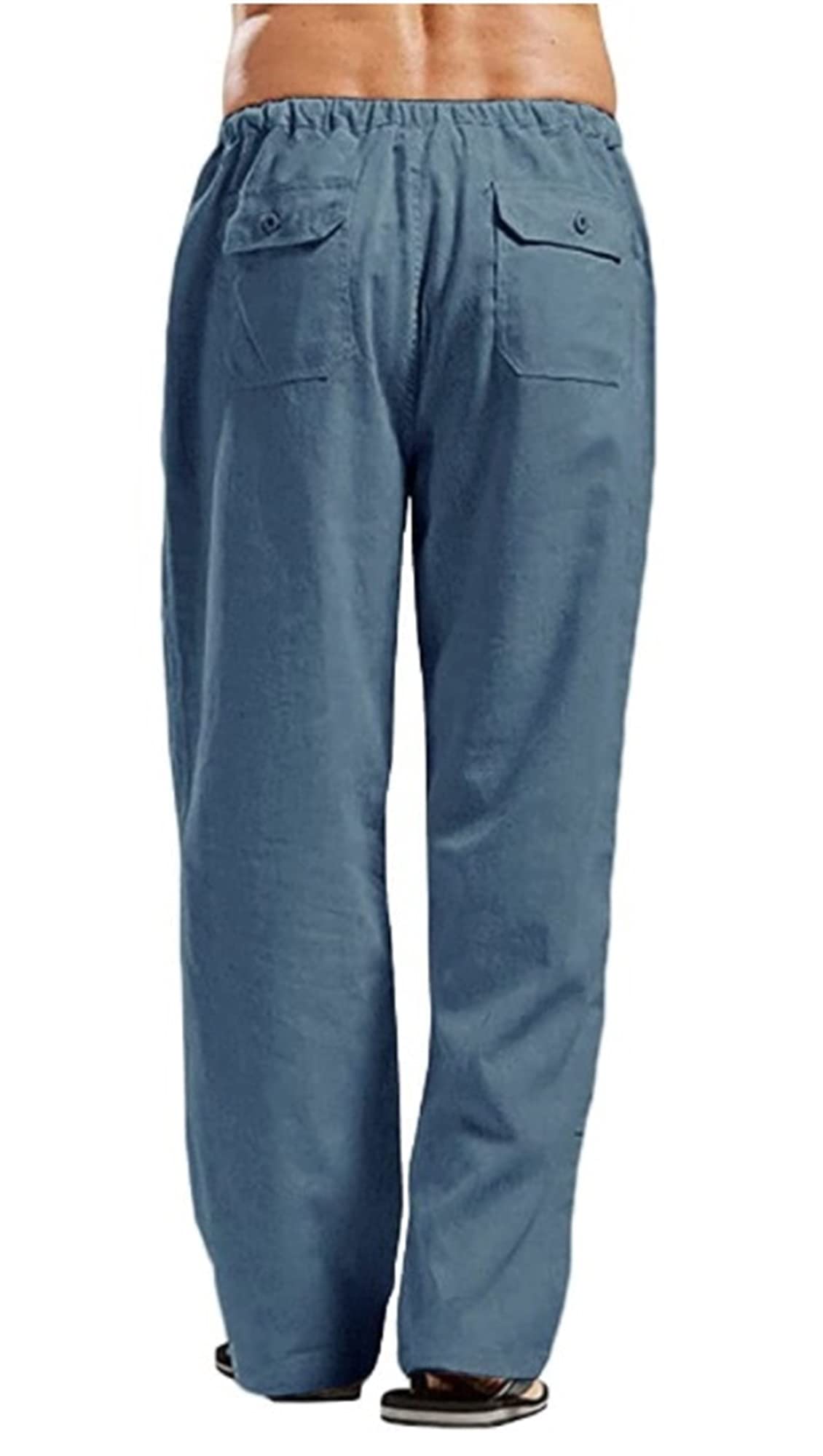 Męskie spodnie lniane, na lato, lekkie, na czas wolny, eleganckie, ze sznurkiem, kieszenie, spodnie do jogi, wygodne, z materiału, lekkie, sportowe (jasnoniebieskie, XL)