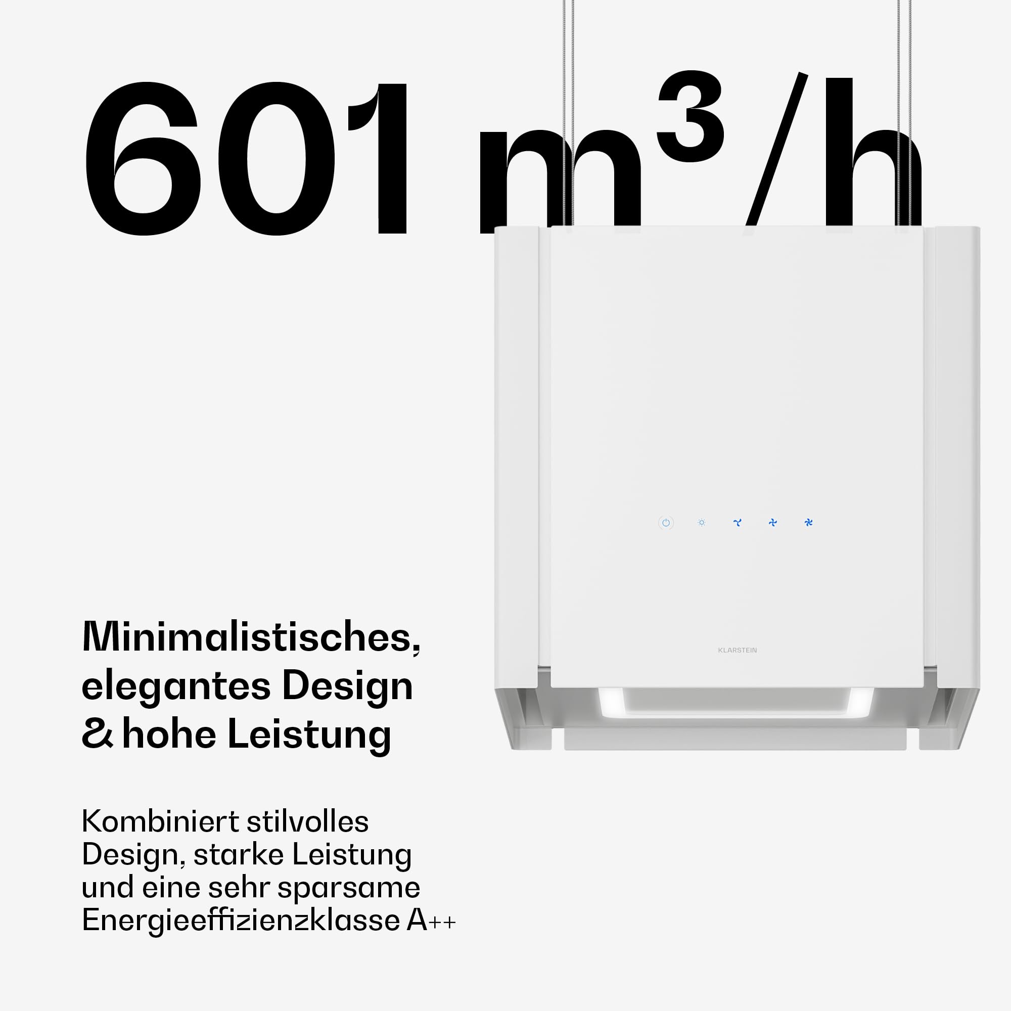 Klarstein Velaire Dunstabzugshaube Deckenhaube 40 cm A++ Energieklasse 601 m³/h Luftstrom Touch-Bedienung LED Liftfunktion Weiß