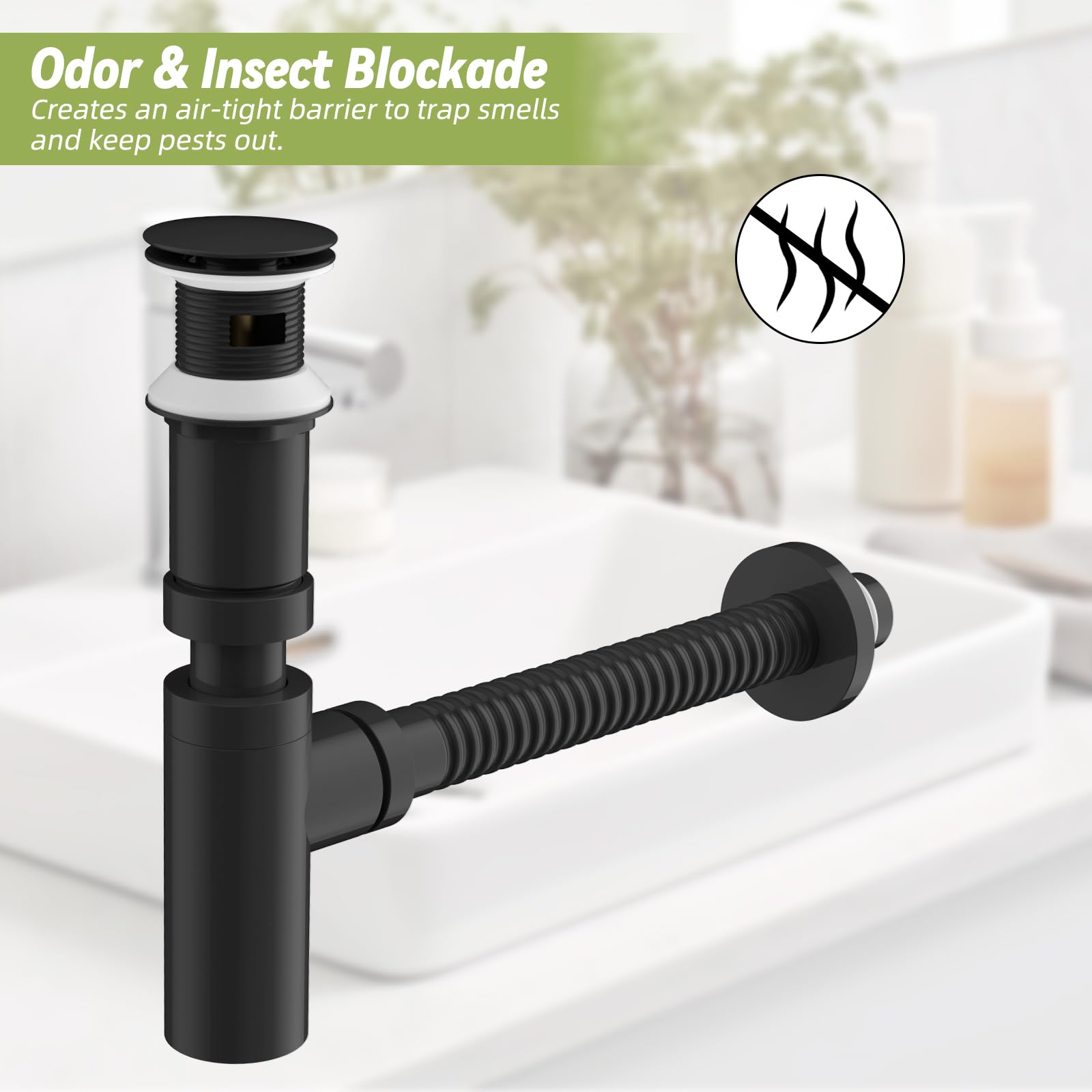 Hibbent Bathroom Sink Bottle Trap with Pop Up Plug, G1 1/4'' (40.4mm), Basin Waste Pipe Kit (for Basins with an Overflow) - Image 2