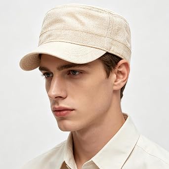 Mens Summer Breathable Linen Flax Cadet Army Basic Everyday Military Style Caps Hats Flat Top Mesh Sun Golf Baseball Cap Hat
