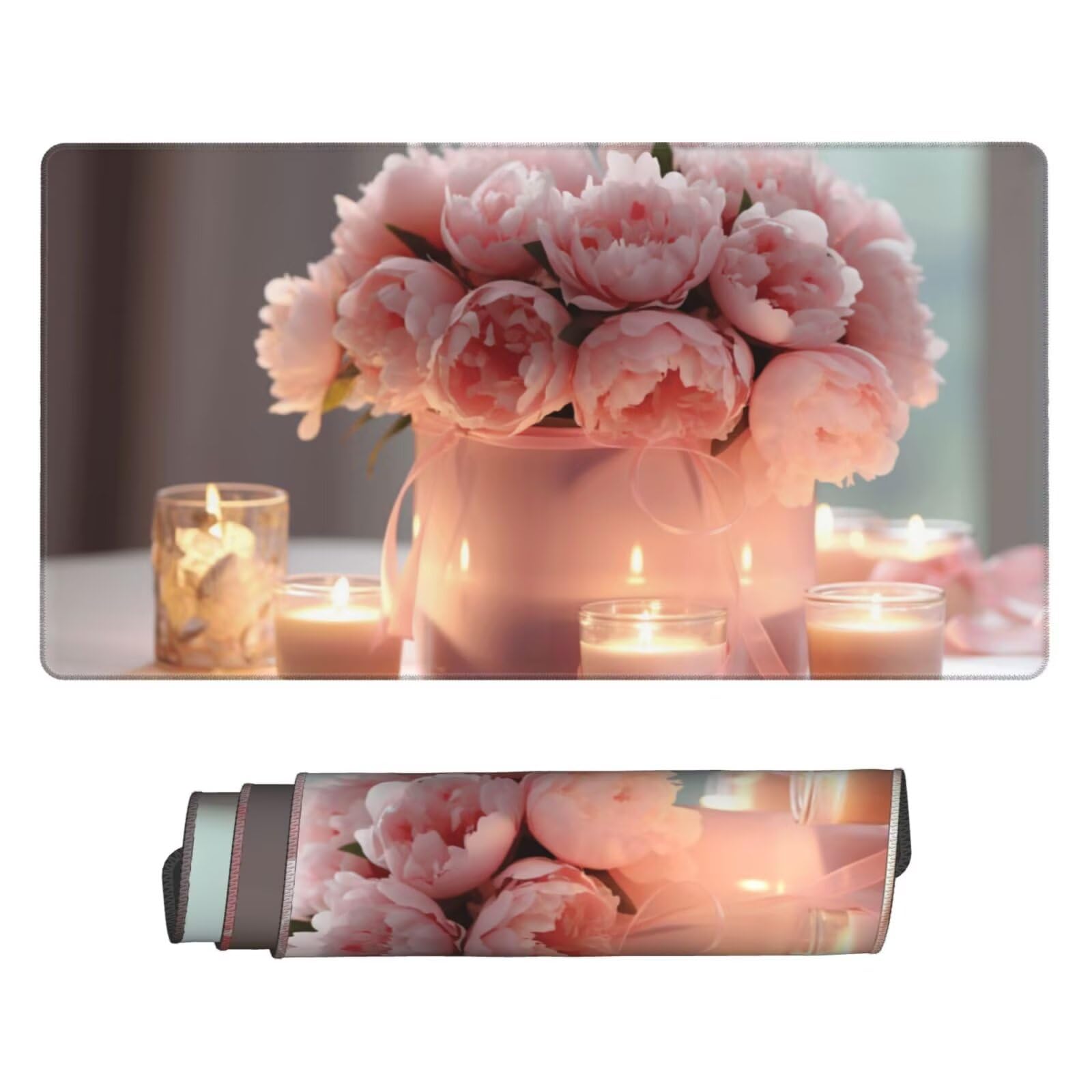 Gaming Mauspad XXL 1200x400x3mm Mousepad Verlängertes Groß Mauspad Schreibtischauflage,Genähte Kanten rutschfeste Gummibasis,Verbessert Präzision Geschwindigkeit Home Office Rosa Blumenkerze L-4506