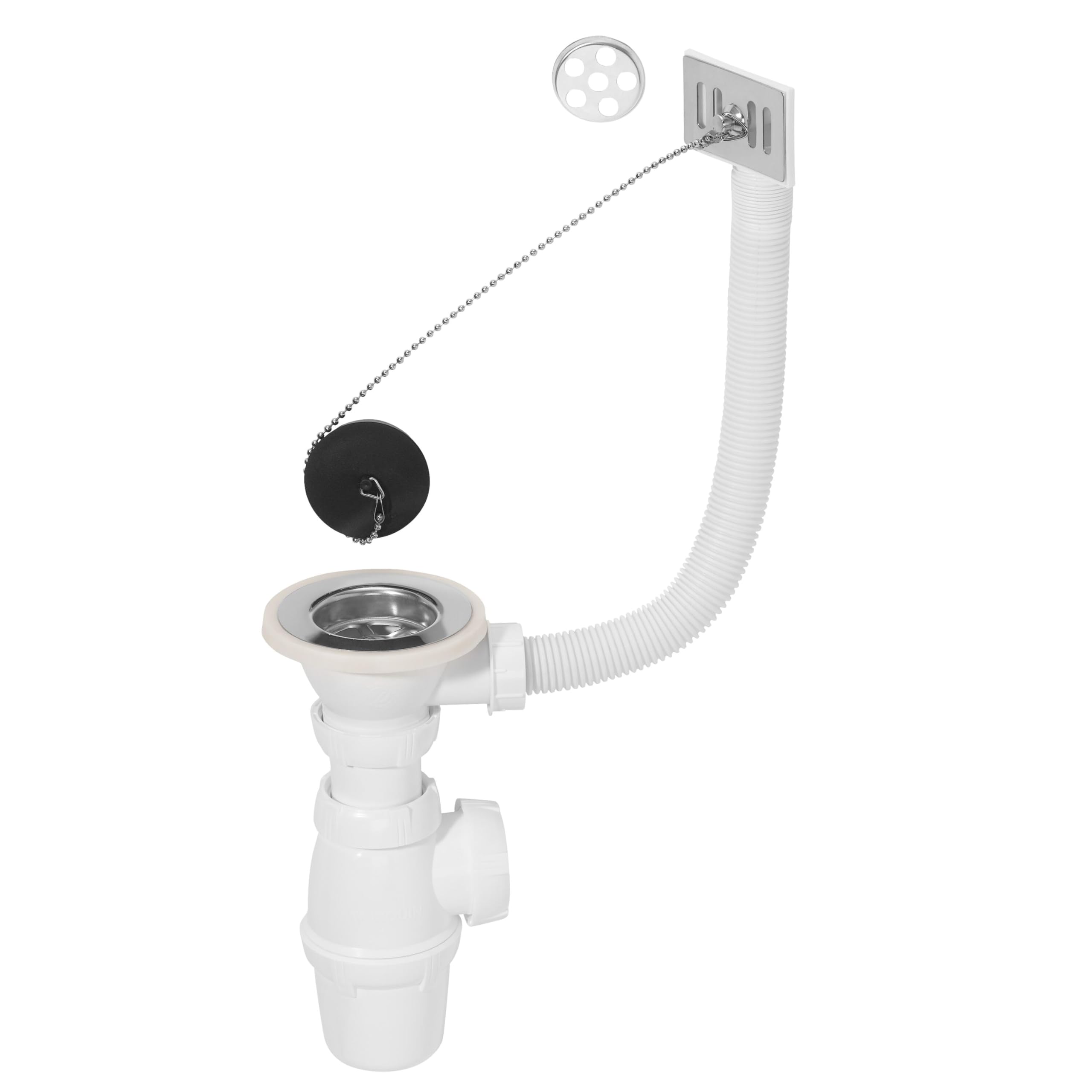 Wirquin 30724013 - Kit scarico lavello 1 vasca, 60 con bonde, sifone e troppo pieno, bianco