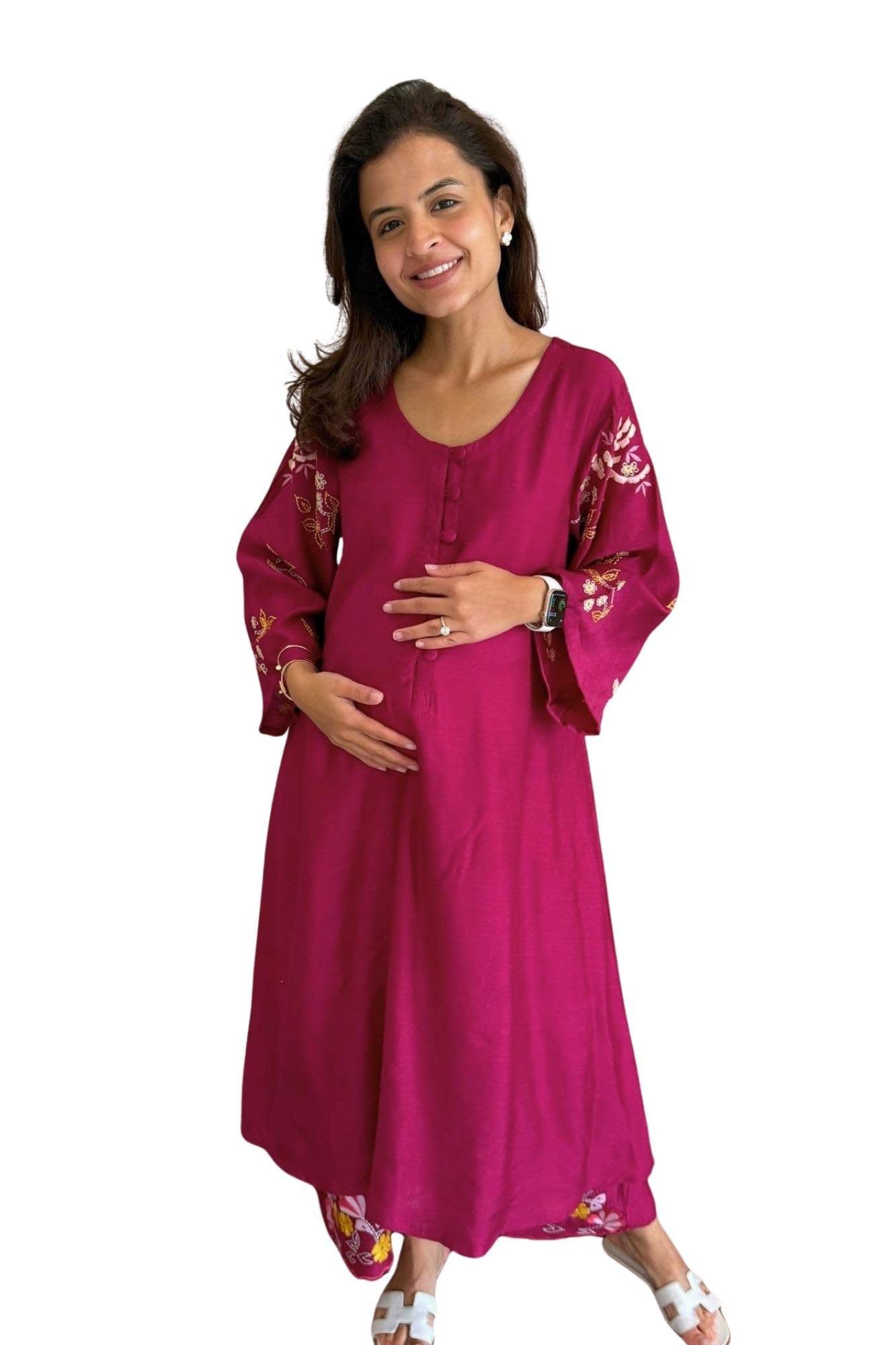 Luxe Wine Silk Embroidered Maternity & Nursing Kurta Set with Bottom & Dupatta, 3 Piece-image-4