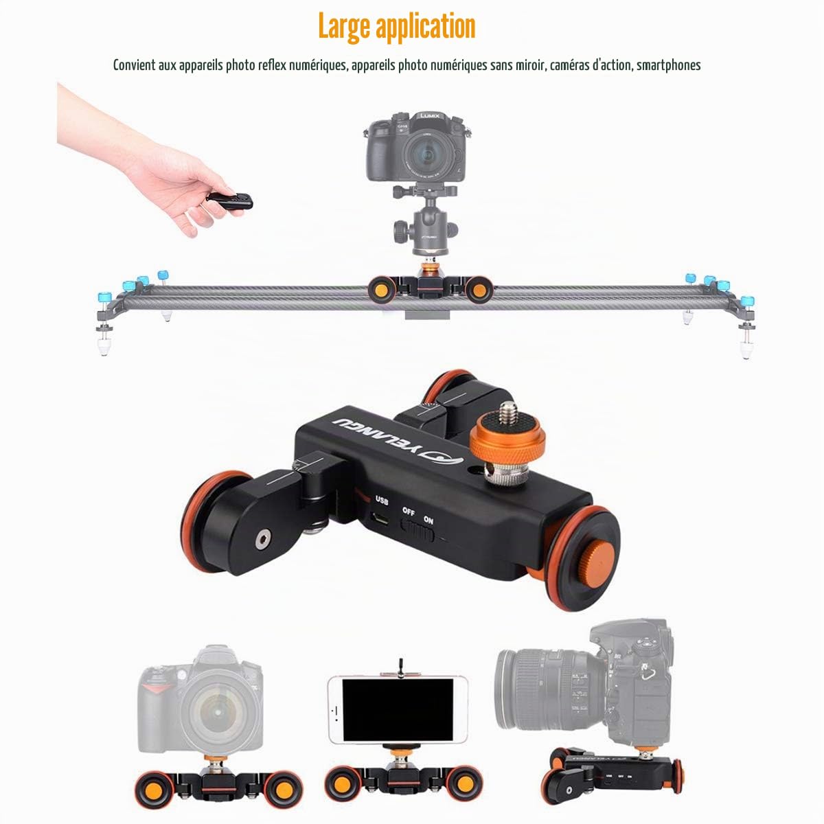 Yelangu Chariot de Photographie électrique motorisé avec télécommande sans Fil, 3 Vitesses, Rotation à 360 degrés pour Appareil Photo Reflex numérique, caméscope, Smartphone, GoPro