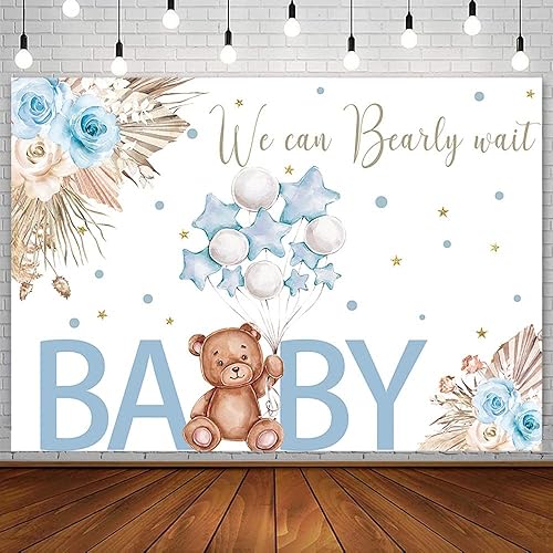 Telón de fondo para baby shower de oso de 7 x 5 pies para niño, We Can Bearly Wait to Meet You, azul, bohemio, floral, globo de pampas, confeti,
