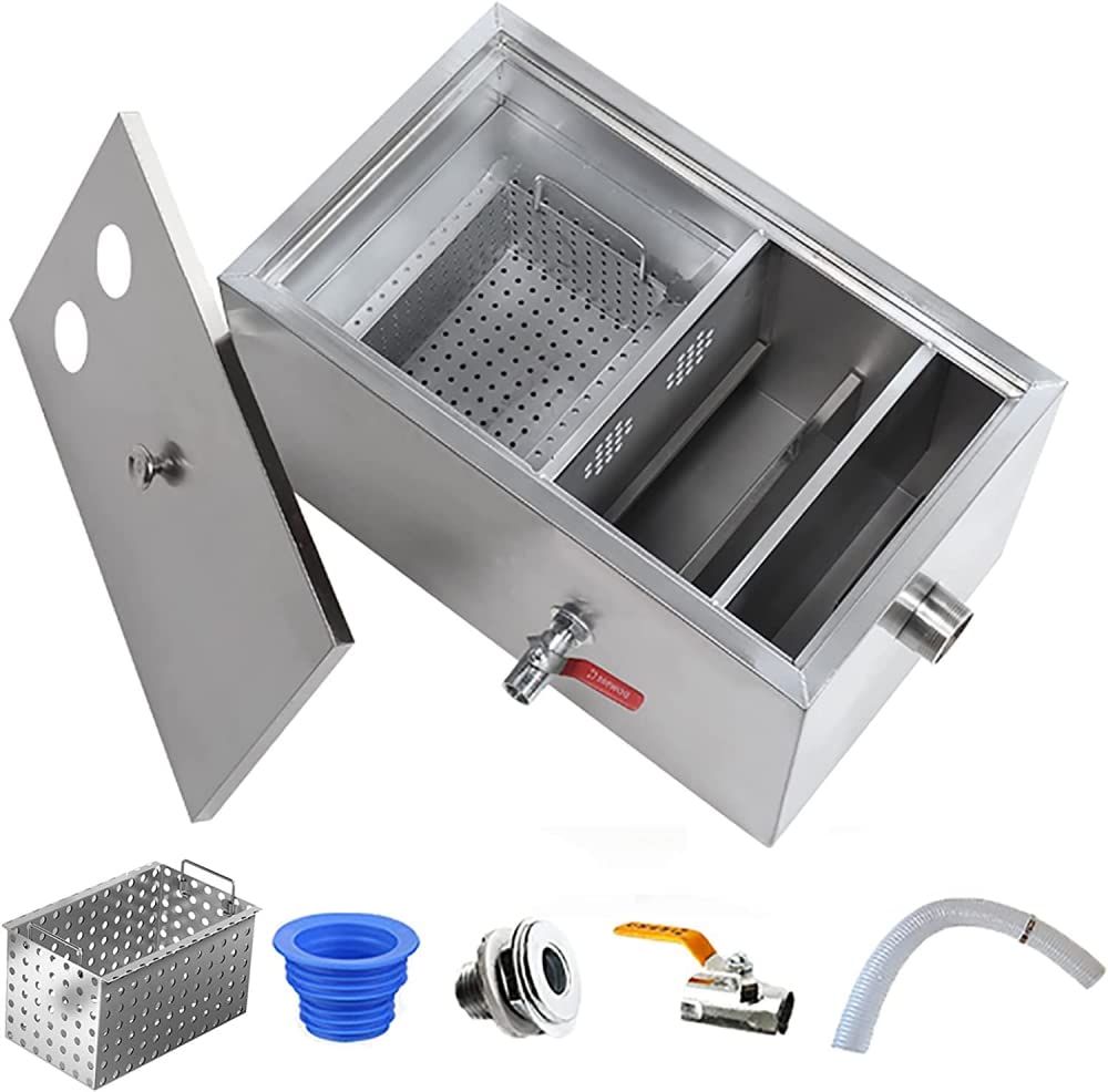ELSHY Abwasser Ölabscheider Edelstahl Fettabscheider Küche Fettseparator,Öl-Wasser-Abscheider Mit Abnehmbarem Filterkorb Für Restaurant Café, Kantine, Fabrik, Küche-50x29x29cm