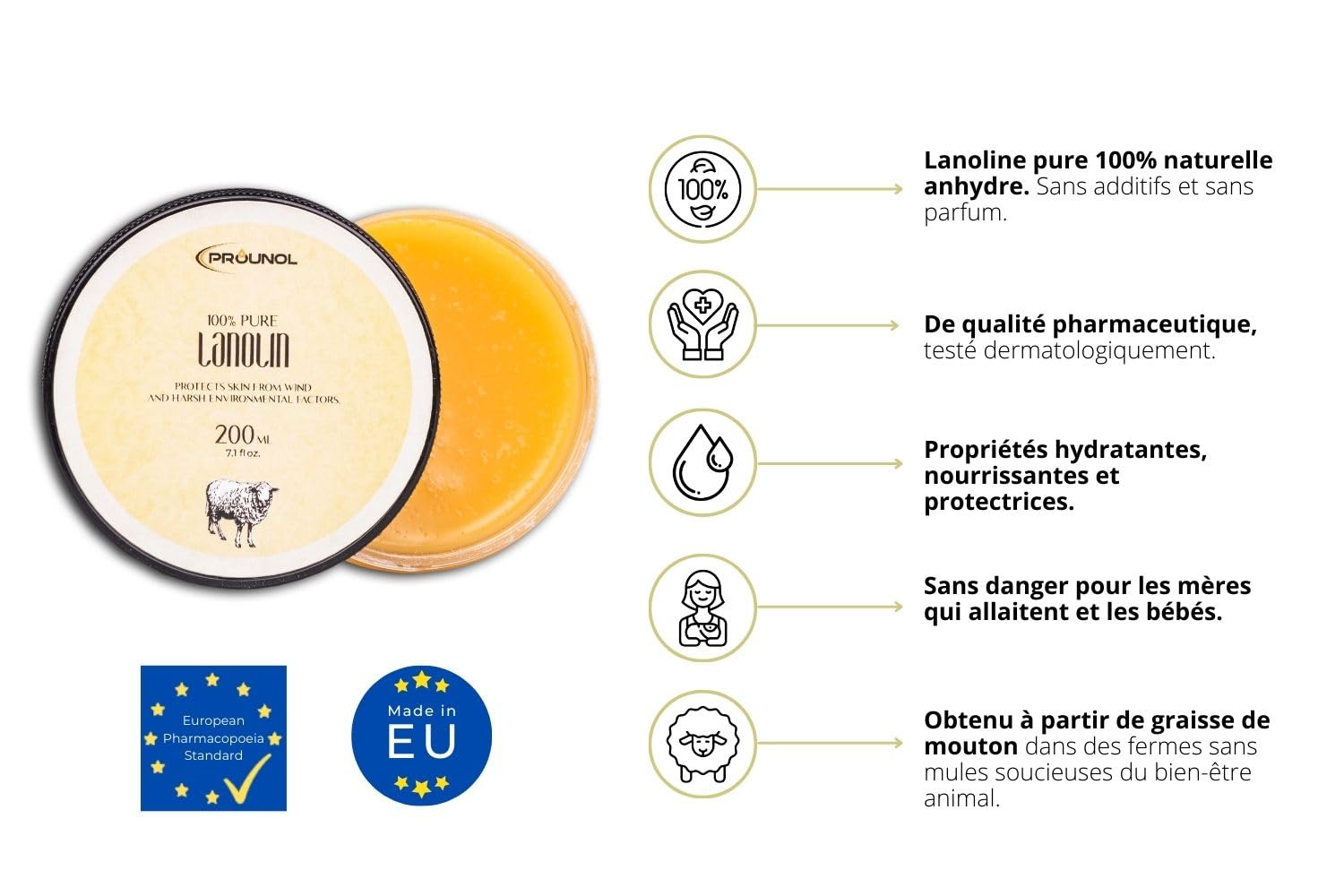 Prounol Lanoline Pure (Lanoline Anhydre) 200ml 100% Naturelle Crème pour les peaux très sèches, rugueuses ou gercées