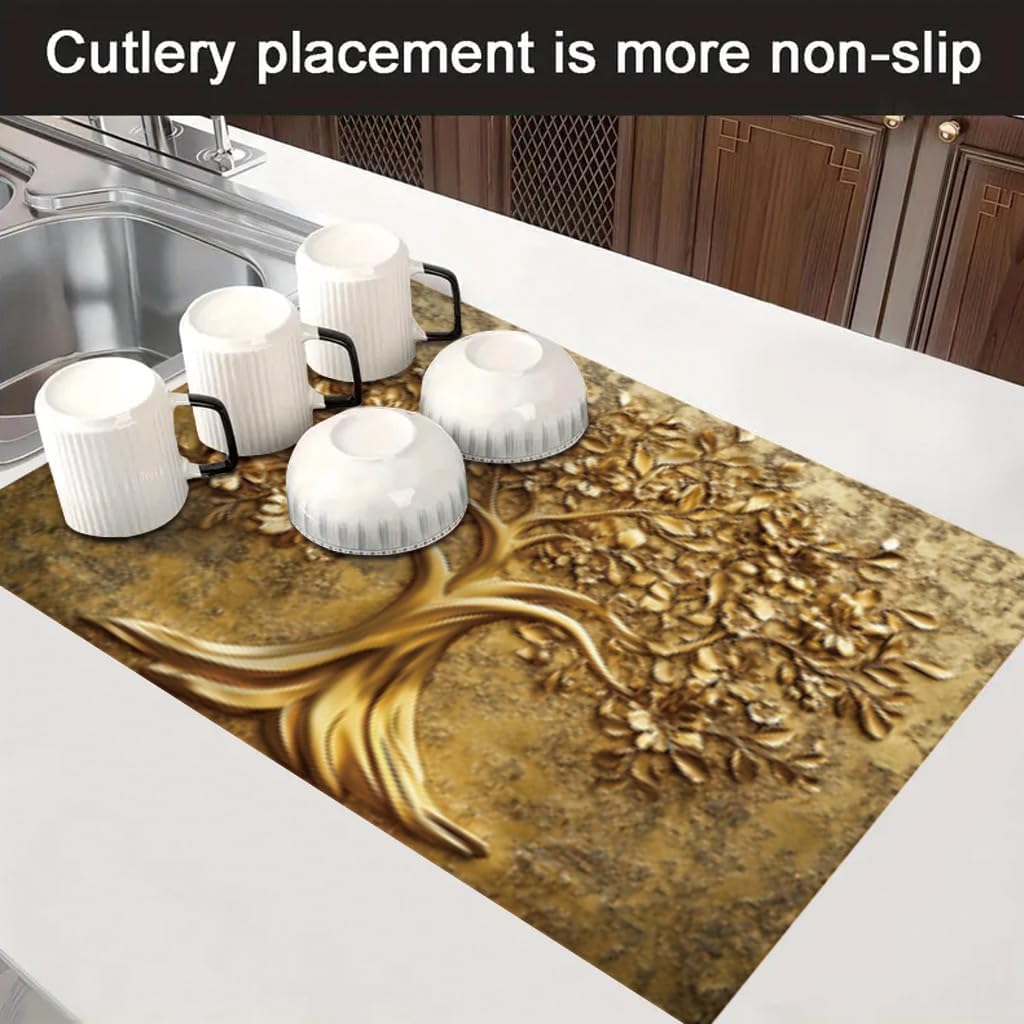 2D Flat Stove Top Cover Protector 28 x 20 Inch Gold Tree of Life Floral Cooktop Cover Elegant Botanical Kitchen Decor Glass Stove Guard Counter Mat