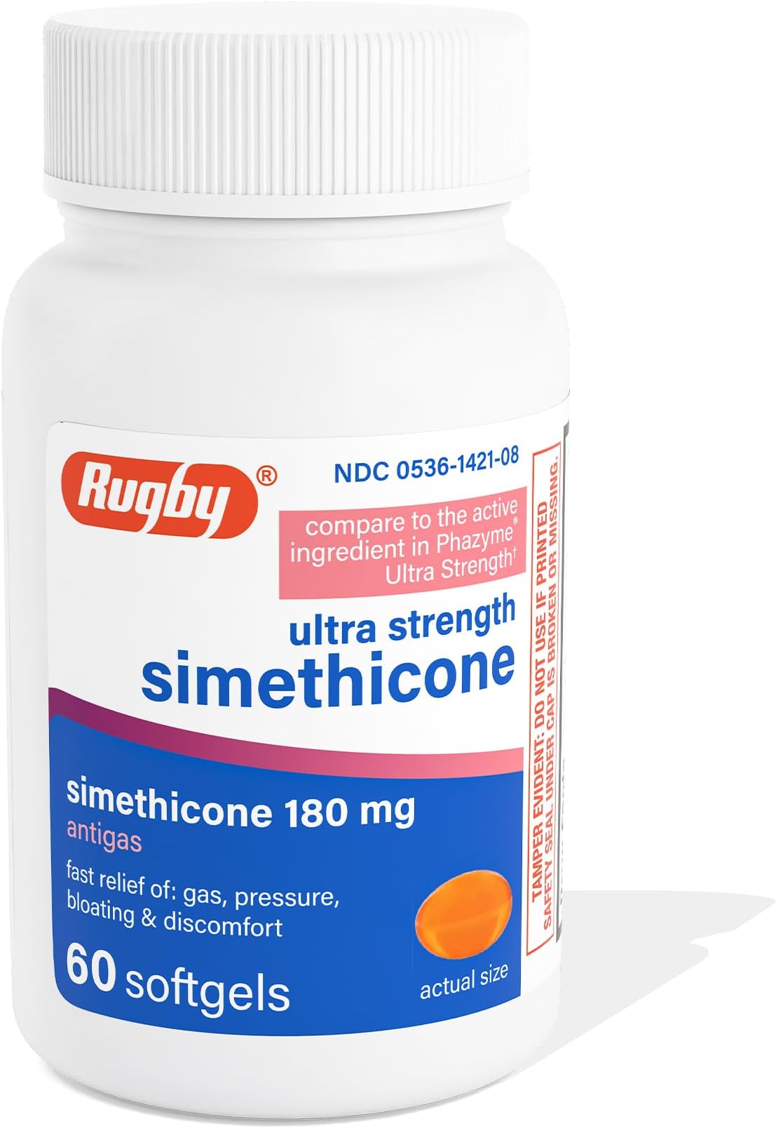 Rugby Ultra Strength Simethicone Gas Relief 180 mg - Maximum Relief for Adults - May Help with Symptoms of Flatulence & Bloating - 60 Softgels (1 Pack)