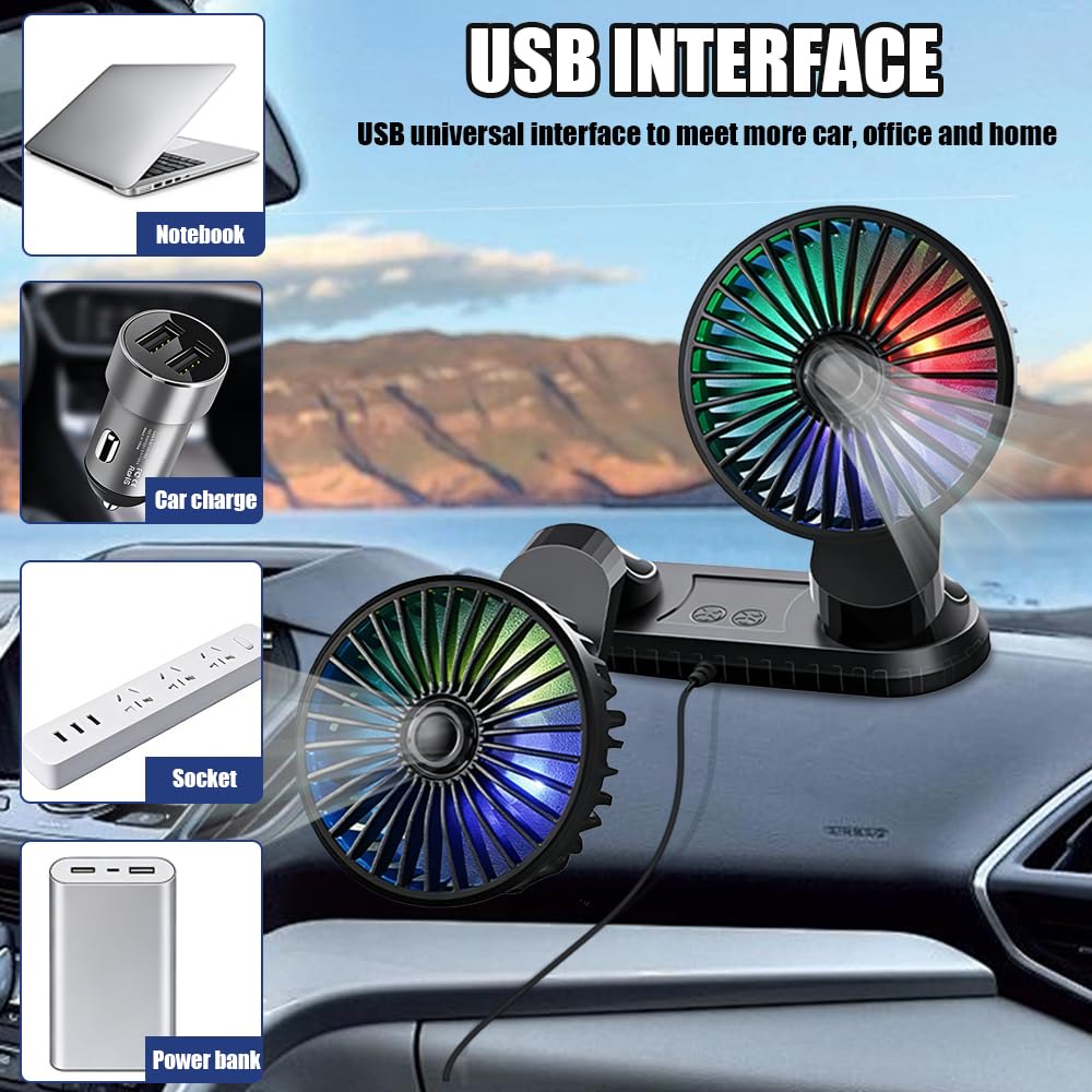 Ventilateur De Voiture 5V, Ventilateur Double Têtes USB, Ventilateurs Portables Voitures avec 3 Vitesses Et Effets Lumineux, Rotation à 360° Pour Voiture, Van, SUV, RV, Bateau