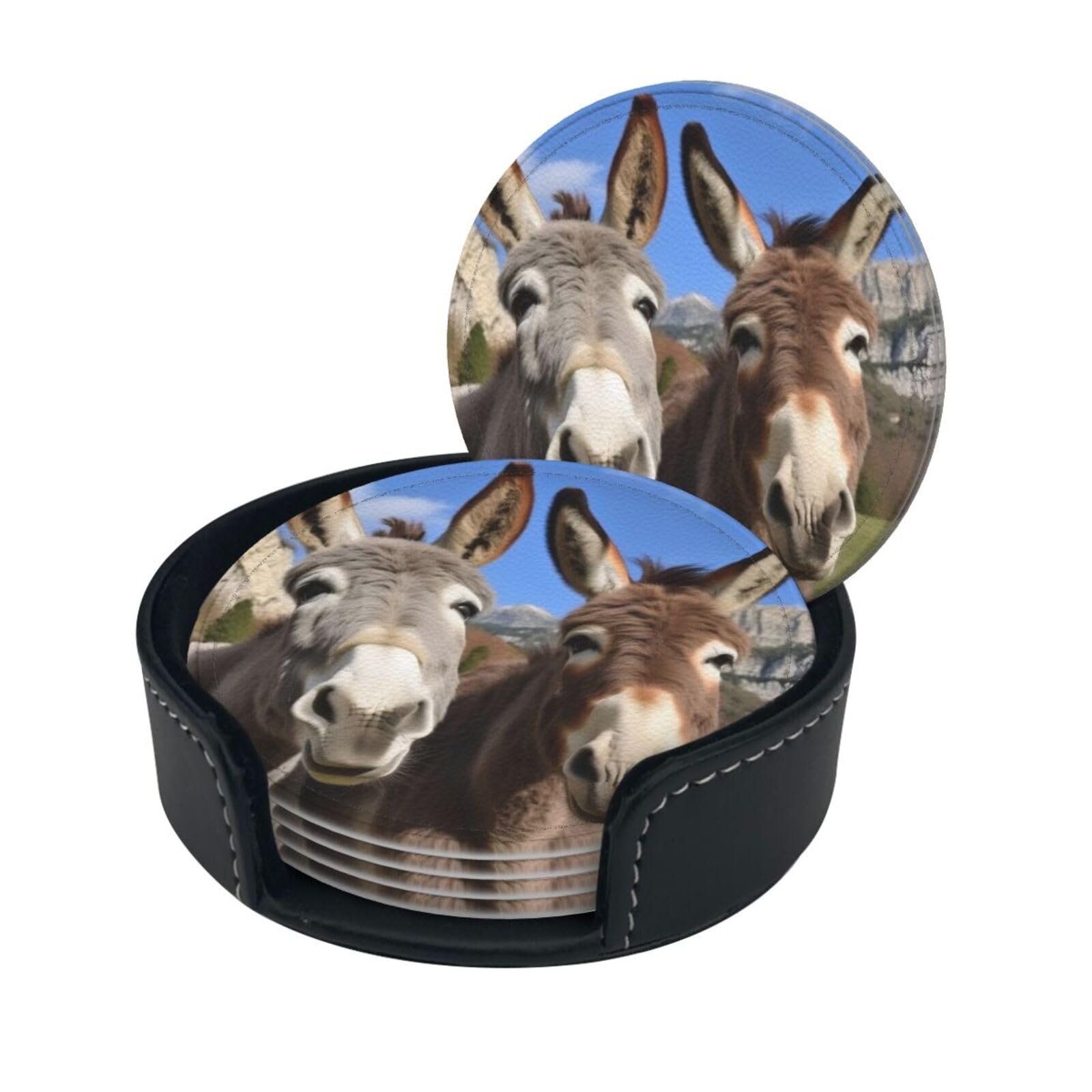 Stylish Coasters - Funny Donkeys Set of 6 Round Leather Drink Coasters with Holder - Perfect Size for Cups and Glasses