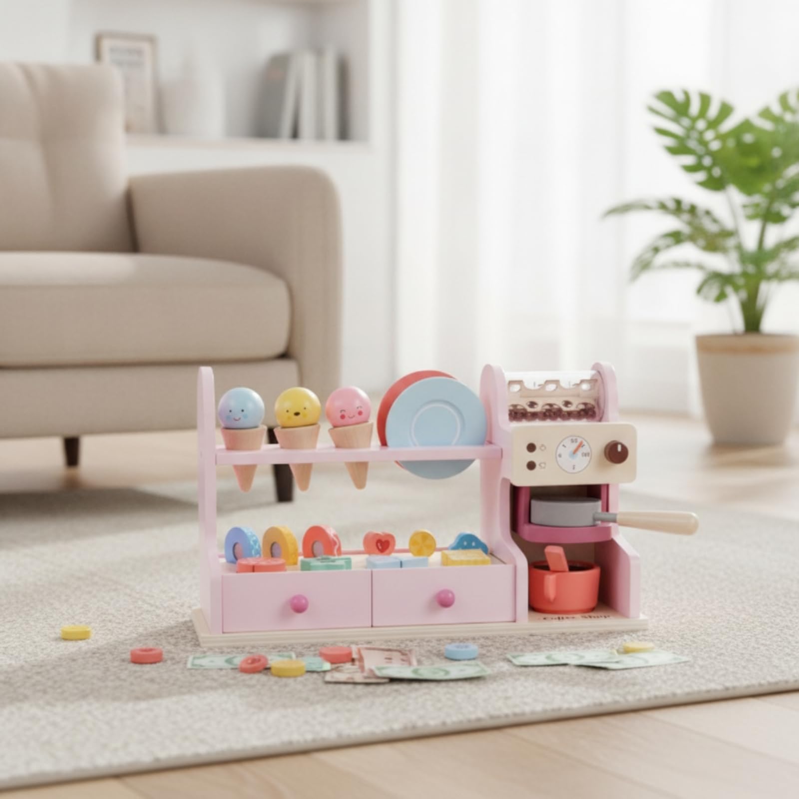 Colcolo Kinder Spielküche Holz Spielset Küche Marktstand Theke Kaffee Bereich Zubehör EIS Dessert Tassen Karten Rollenspiel , Koreanischer Eiscreme-Kaffeeladen Blau Für Jungen