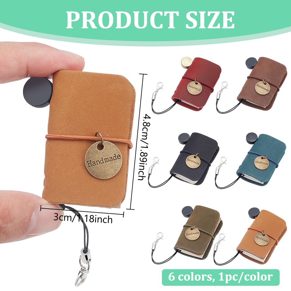 WEBEEDY 6 Pcs Mini Leather Notebook Keychain Small Vintage Traveler Journal 1.9x1.2 Inch Tiny Password Book Pocket Diary Stationery Supplies for Office Keychain Teachers Bookish Party Favors Birthday Gifts