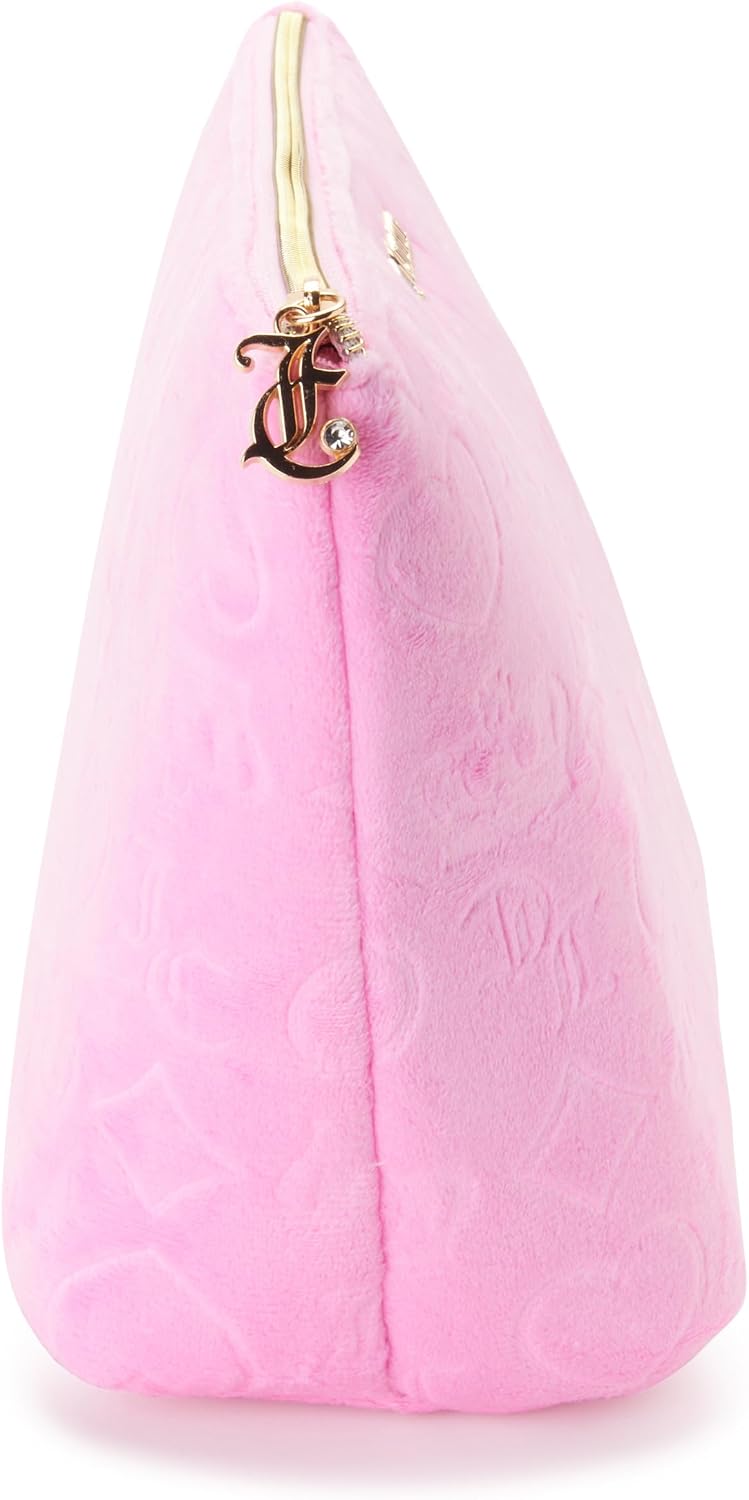 Juicy Couture Pink Makeup Bag Cosmetics Organizer Travel Essentials Zip Top Wedge Velour Heart Crown