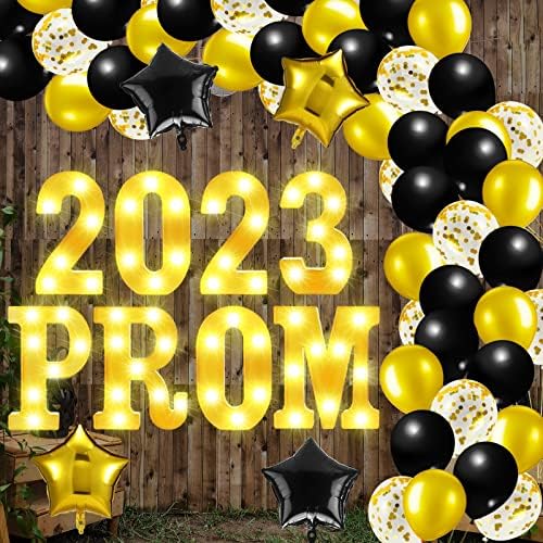 Wettal 2023 Graduation Decorations Included 8 LED Prom 2023 Marquee Light up Letter Signs and 24 Black Gold Prom Balloons for Class of 2023 Graduate Party Decor Wedding Prom Banquet Party Supplies