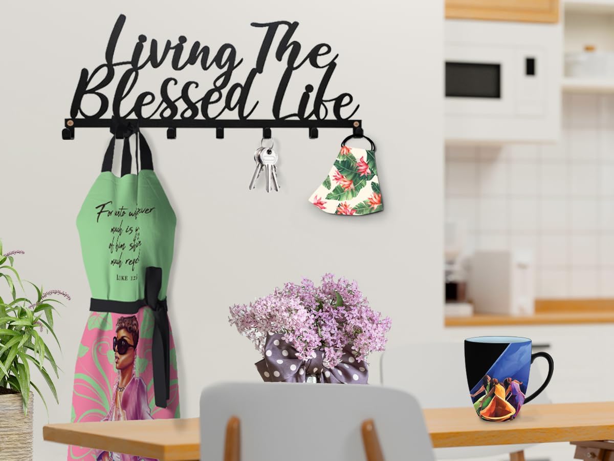 African American Expressions – Living The Blessed Life Metal Home Wall Organizers for Keys, Masks, Kitchen Accessories (12" W x 5.25" H x 0.75" D) KH-02
