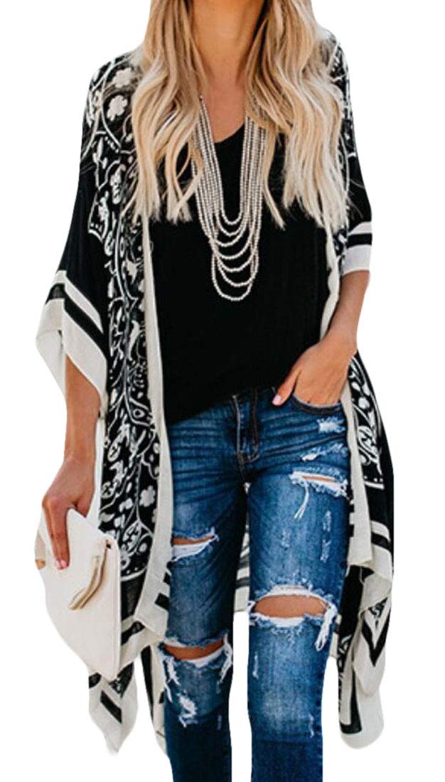 Womens Cover up Beach Floral Print Summer Kimono Open Front Cardigan black L