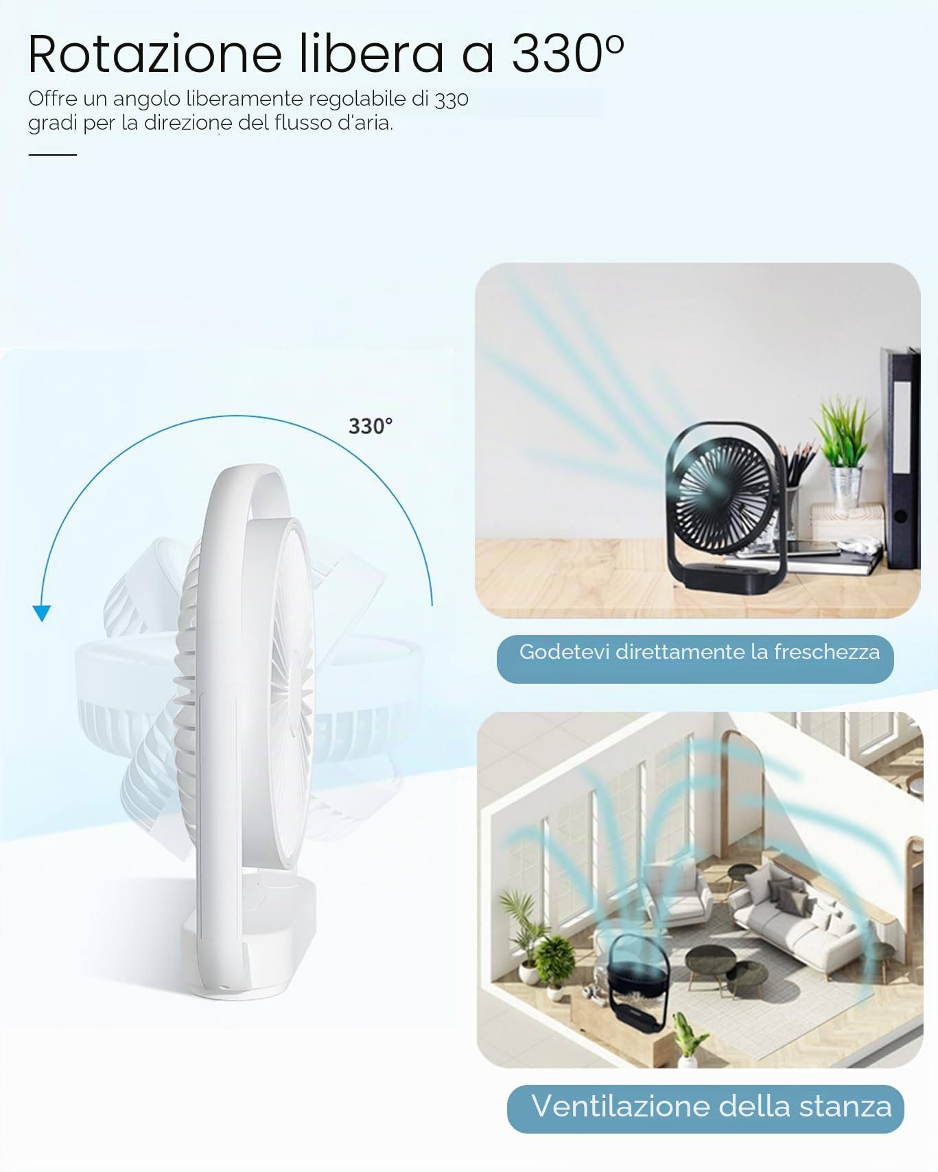 Ventilatore Ventilatore da Tavolo Silenzioso a 4 Velocità, Potente e Ricaricabile, Rotazione 330°, Luce Notturna