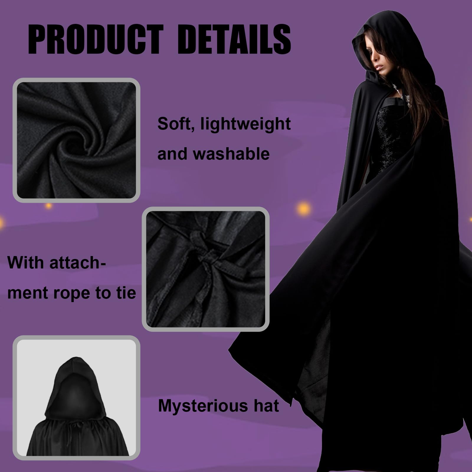 Black Cloak with Hood - 140cm Long Cape for Halloween Cosplay & Themed Parties - Premium Quality Adult Costume Cape for Men & Women - Image 3