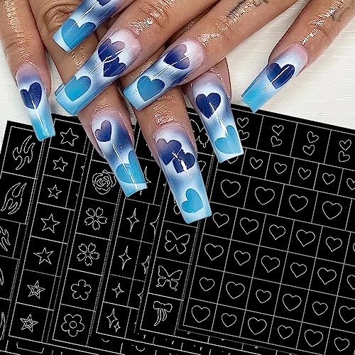 6 Blätter Airbrush Schablonen Nagelsticker,Schmetterling Flamme Sterne Herz Stern Nail Sticker Drucken Schablone Werkzeug Nagelsticker Selbstklebend für Frauen Nagelaufkleber Nageldesign Nail Art