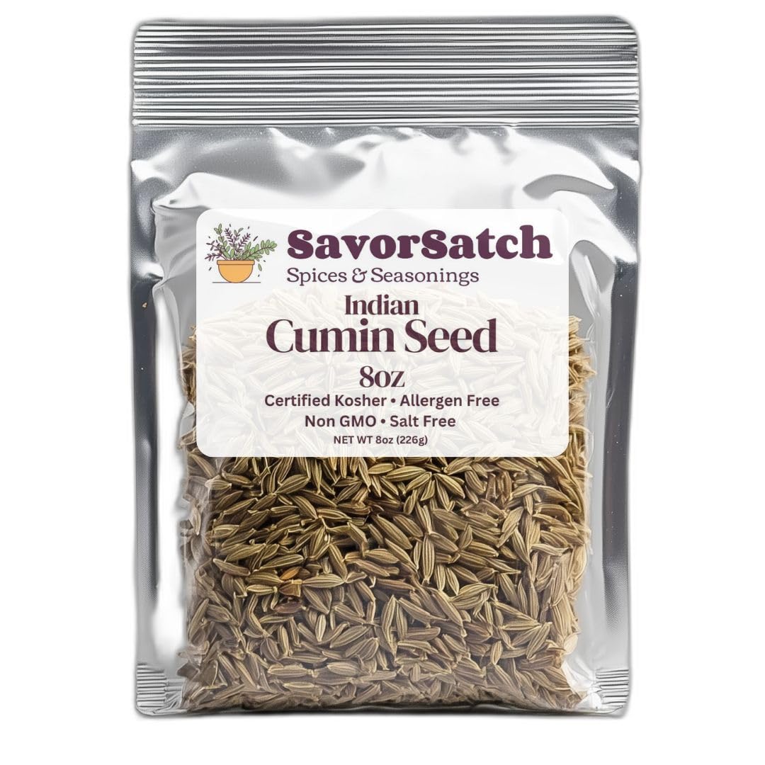 SavorSatch Whole Cumin Seeds - 8oz Stand-Up Resealable Pouch | Indian Origin, ETO Treated, Certified Kosher, Non-GMO, Aromatic and Flavorful Spice