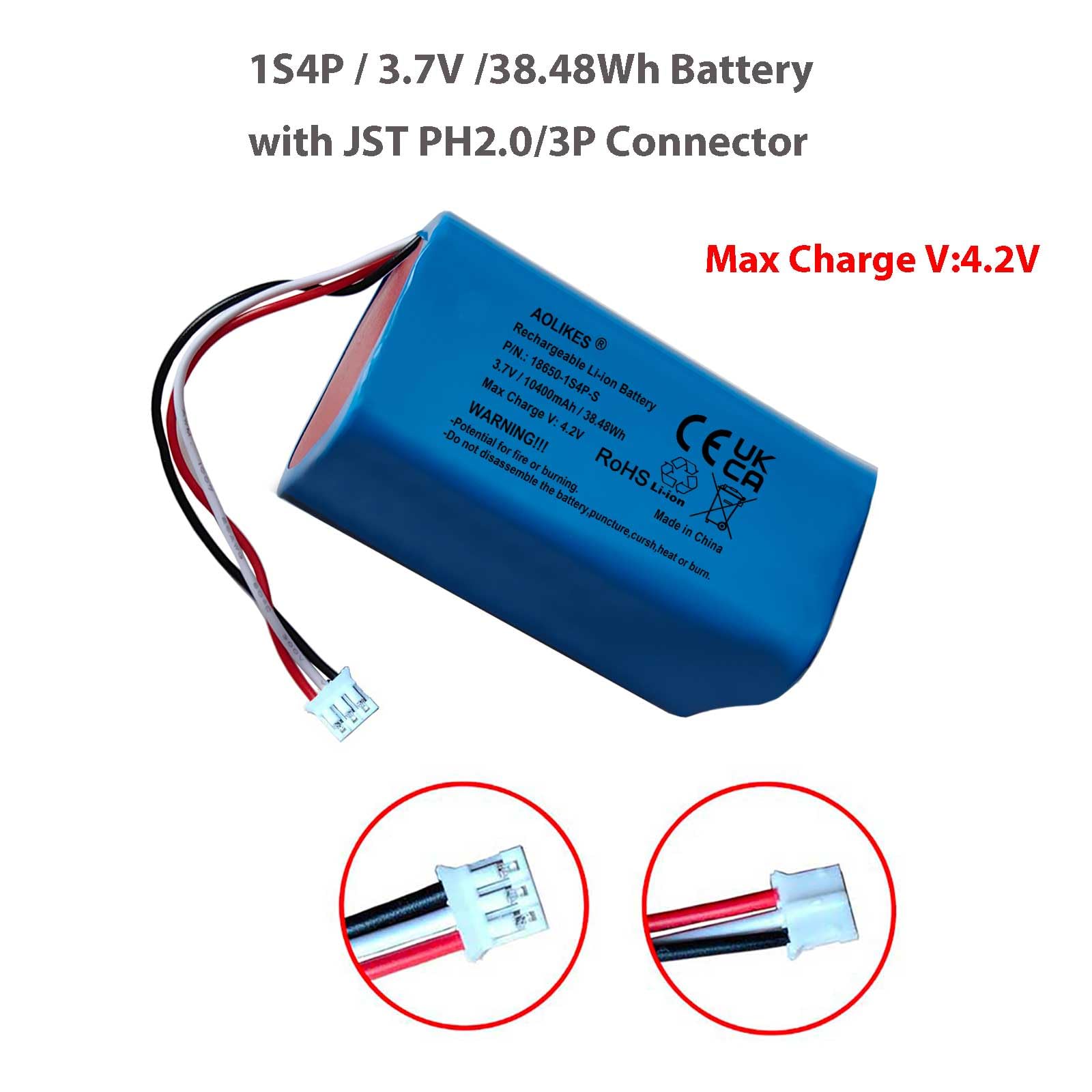 AOLIKES Batterie lithium-ion rechargeable 18650 1s4p 10400 mAh 3,7 V avec fiche PH2,0/3P / cellules 5C / carrée / prend en charge la charge rapide