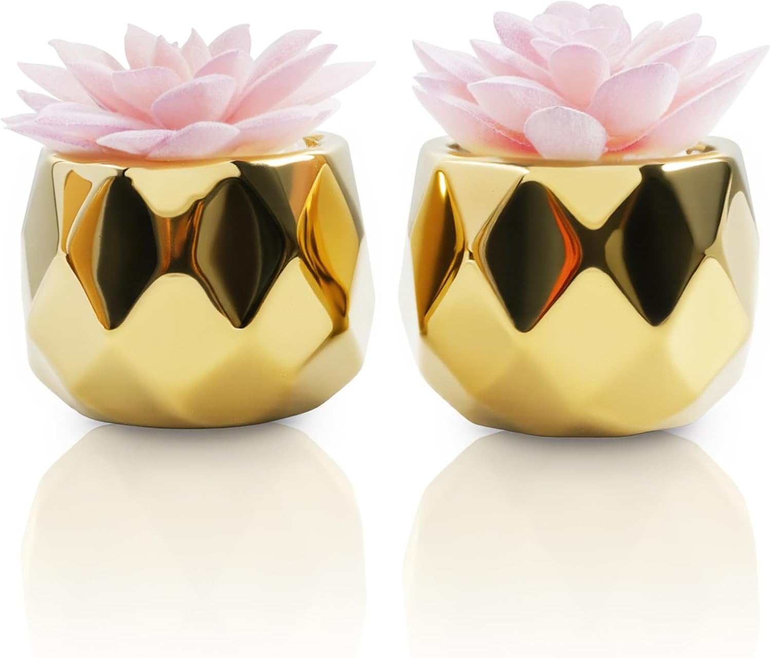 VIVERIE Mini Succulents Plants Artificial in Pots-Pink with Golden Ceramic, Christmas Small Fake Succulents Plants for Home Decor Indoor for Women, Set of 2, Gifts for Mom