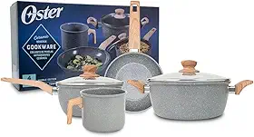 OSTER JOGO DE PANELAS E LEITEIRA MARBLE EDITION DARK GREY – 4 PEÇAS COM REVESTIMENTO CERÂMICO ANTIADERENTE, ALÇAS EM SILICONE ANTITÉRMICO E BASE COMPATÍVEL COM INDUÇÃO