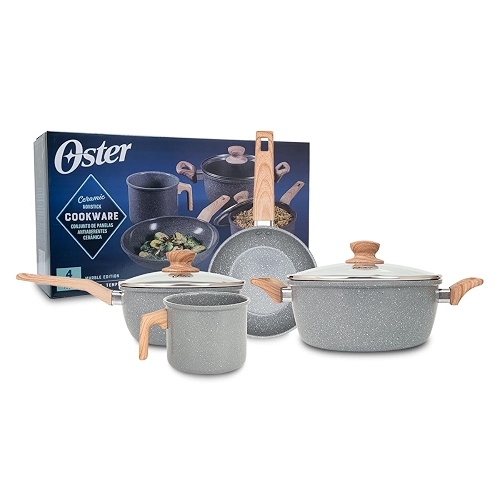 OSTER JOGO DE PANELAS E LEITEIRA MARBLE EDITION DARK GREY – 4 PEÇAS COM REVESTIMENTO CERÂMICO ANTIADERENTE, ALÇAS EM SILICONE ANTITÉRMICO E BASE COMPATÍVEL COM INDUÇÃO