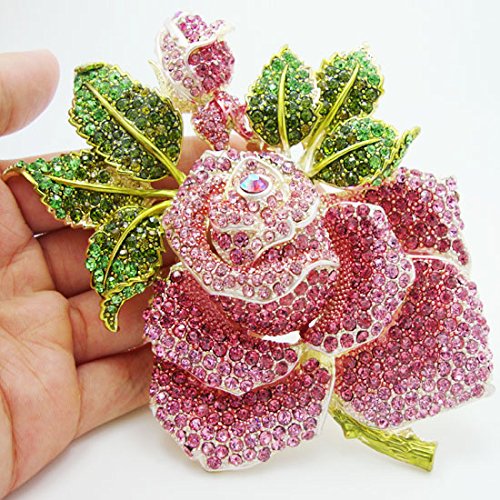 Image of TTjewelry Pink Huge Rose Flower with Green Leaf Pink Bud Austrian Crystal Rhinestone Brooch Pin B20000101