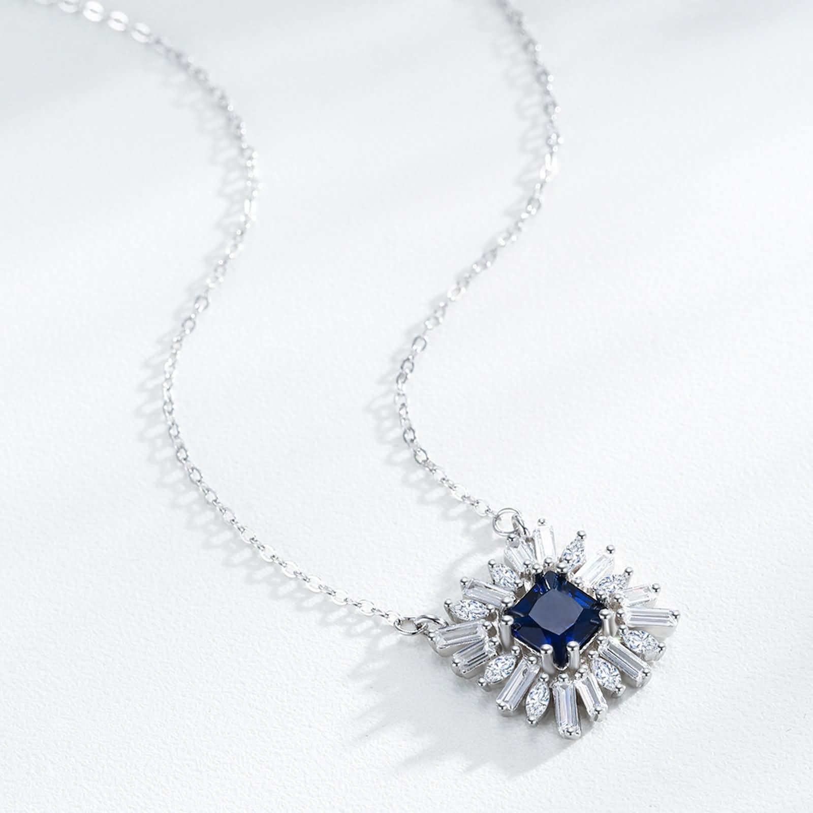 9K / 14K / 18K White Gold Necklace Women, Flower & Square with Created Sapphire and Moissanite, Pendant Silver Blue Women's Necklace
