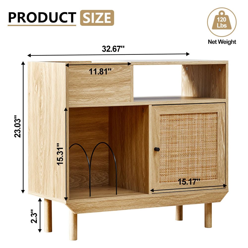 Armoire de rangement vintage en bois et rotin tissé – Organisateur de disques avec portes tissées à la main, pieds d’armoire en bois massif, étagère polyvalente pour disques, livres, fournitures de
