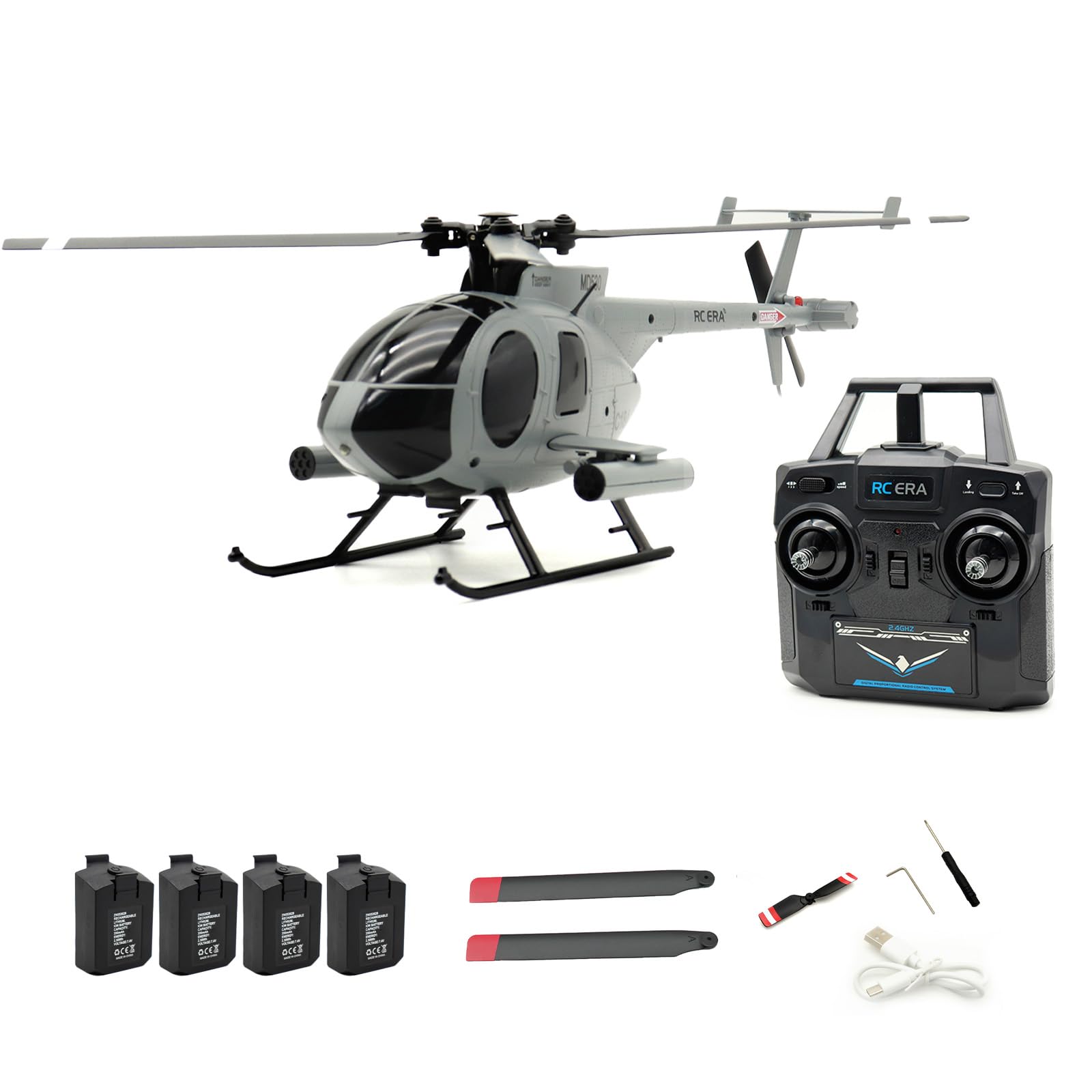 NULA RC-ERA C184 MD500 4CH RC Helicopter, 6-Axis Gyro Stabilized Flybarless Optical Flow Remote Control Helicopter RC Aircraft Outdoor For Adults & Beginners -Grey /4 Battery