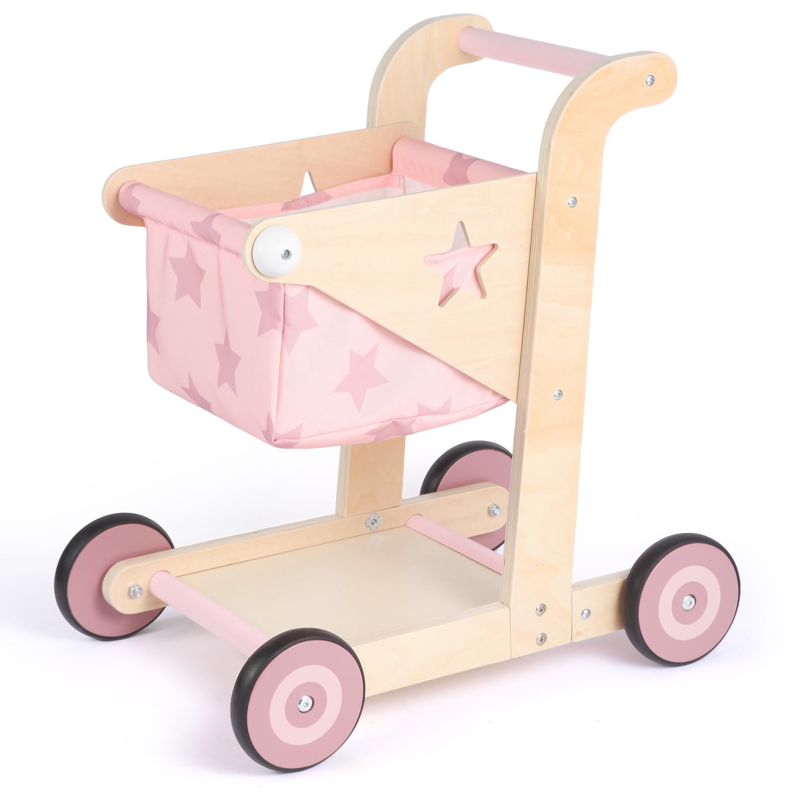 Asweets 2 in 1 Wooden Baby Walker Push and Pull Doll Stroller (Pink)