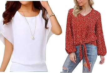 VIISHOW Womens Loose Casual Short Sleeve Chiffon Top & Womens Tie Front Chiffon BlousesTwo pcs M Size