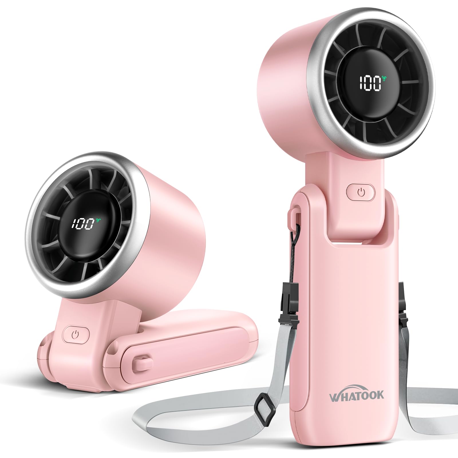 WHATOOK Wentylator ręczny, przenośny mini wentylator, 5 stopni prędkości, mały wentylator kieszonkowy z wyświetlaczem LED, 5000 mAh, składany wentylator USB do biura, na zewnątrz, w podróży, różowy