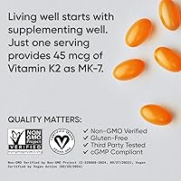Vista 4 de Sports Research Vitamina K2 de Dosis Baja como MK-7 45mcg con Aceite MCT de Coco - Certificado Vegano, Verificado Sin OGM y Sin Gluten - 90 Cápsulas