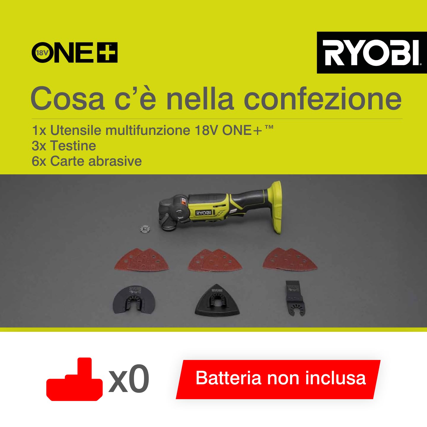 Ryobi R18MT-0 Utensile Multifunzione a Batteria 18V ONE+, Testa Orientabile 4 Posizioni, Velocità Variabile 6 Posizioni