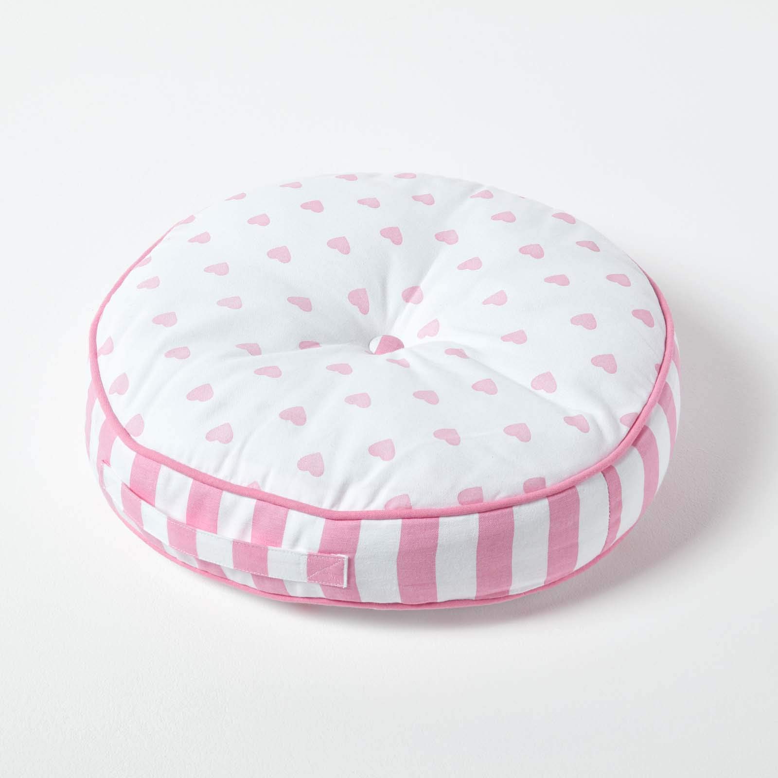 Homescapes Pink Hearts & Stripes Round Floor Cushion